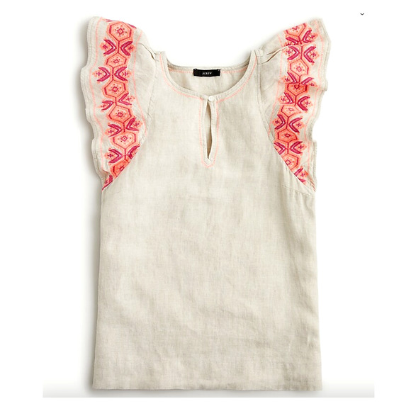 J.CREW Tops - J Crew Size M Embroidered Linen Flutter Sleeve Top Cream Pink Orange